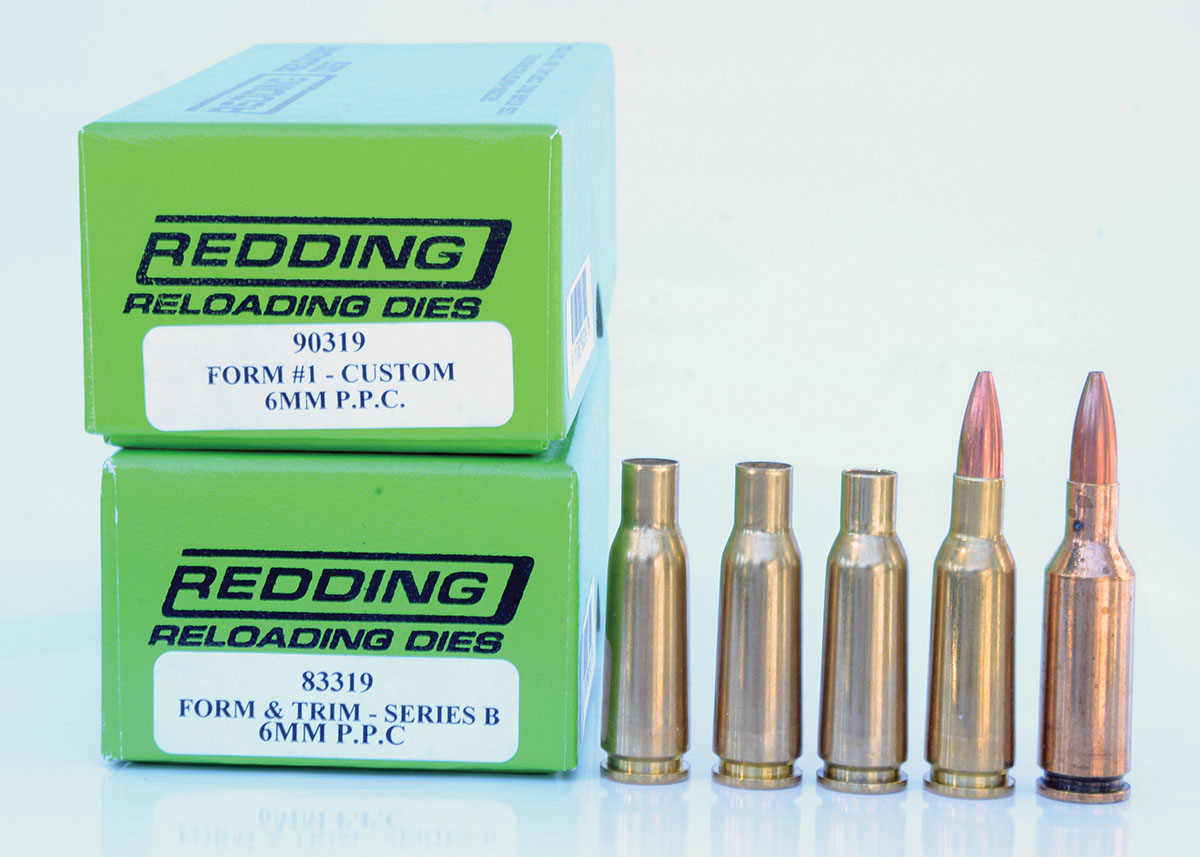 Dies for forming 6mm PPC cases from less expensive 7.62x39mm brass can be used to form 22 PPC cases. From left: Hornady 7.62x39mm case; shoulder pushed back and neck reduced to 7mm in form die No. 1; neck reduced to 6mm and file-trimmed to correct length; resized in 22 PPC full-length die and loaded for fireforming; loaded fireformed case.